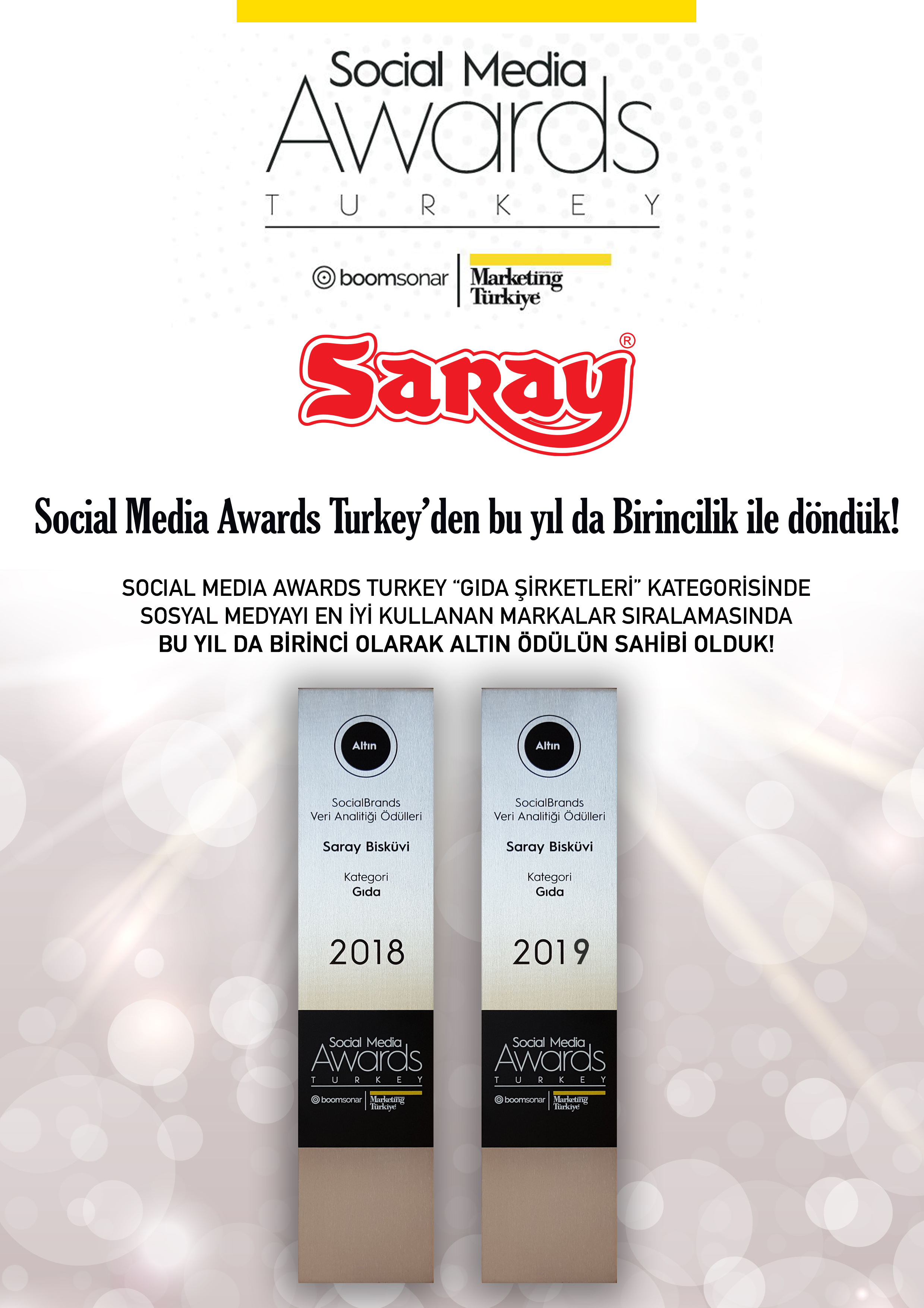 SARAY'DAN BİR BAŞARI DAHA ! -  Social Media Awards Turkey 2019 Ödüllerinde Altın Ödül (Birincilik) Yine Saray Bisküvi'nin
